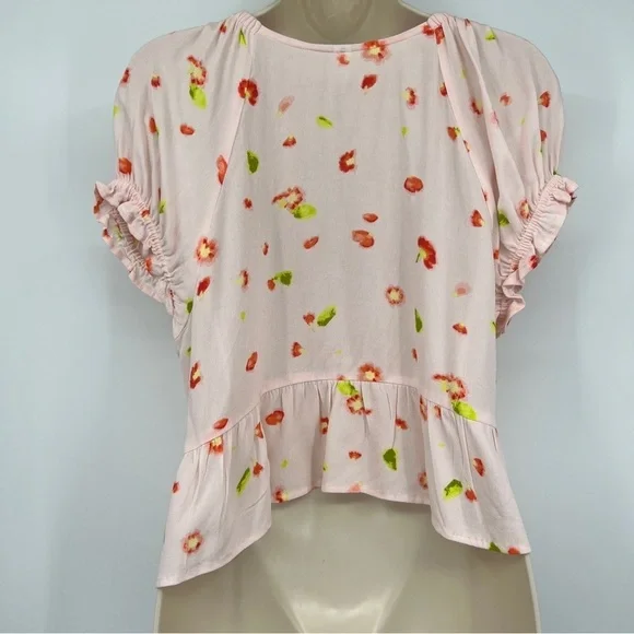 BP. Babydoll Shirred Pink Floral Smocked Short Sleeve Peplum Crop Top Multicolor - Picture 6 of 13